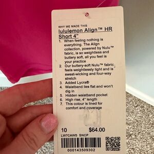 NWT Align 4” Shorts in Sonic Pink, Size 10